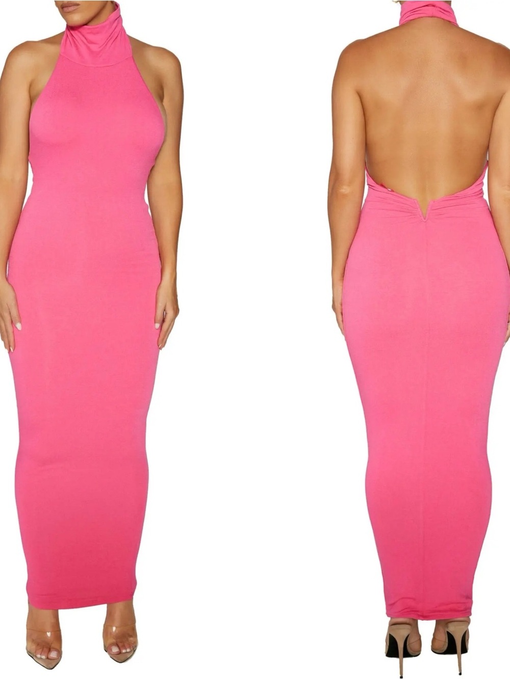 Naked Wardobe Pink Halter Backless Maxi Dress